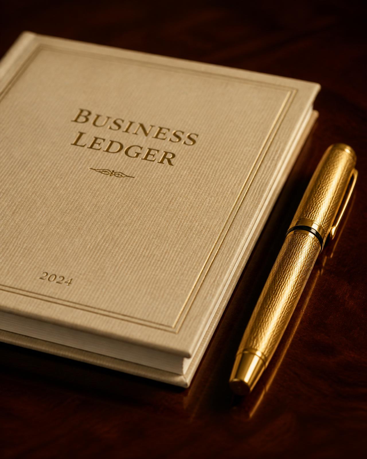 Vintage mahogany desk with gold fountain pen and reading glasses on cream ledgers