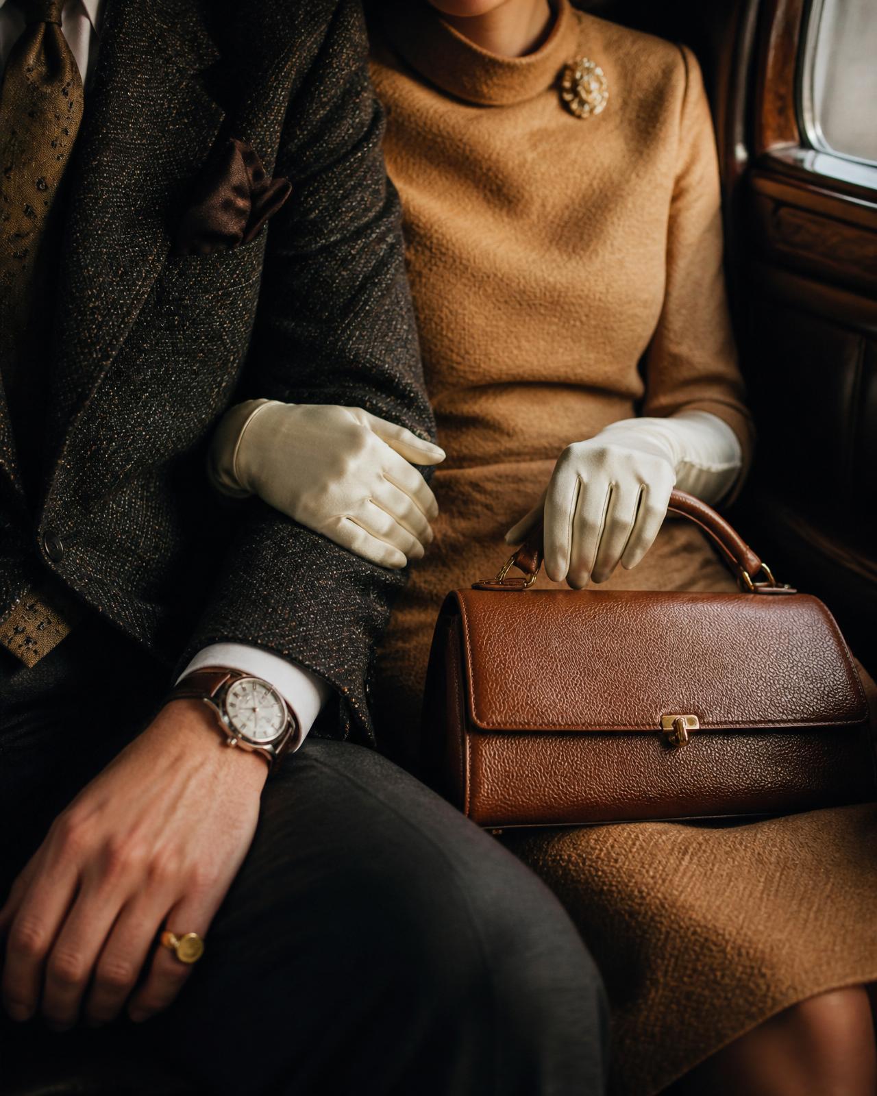 A faceless couple in vintage tailoring inside a classic luxury car — Salo Society editorial