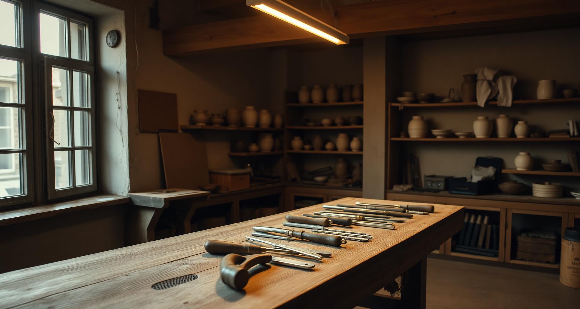 Quiet European atelier workbench with hand tools and ceramic vessels